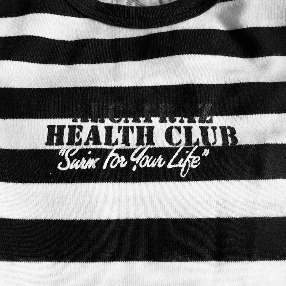 NWT Vintage Alcatraz Health Club Swim For Your Life Striped Baby Onesie & Bib S